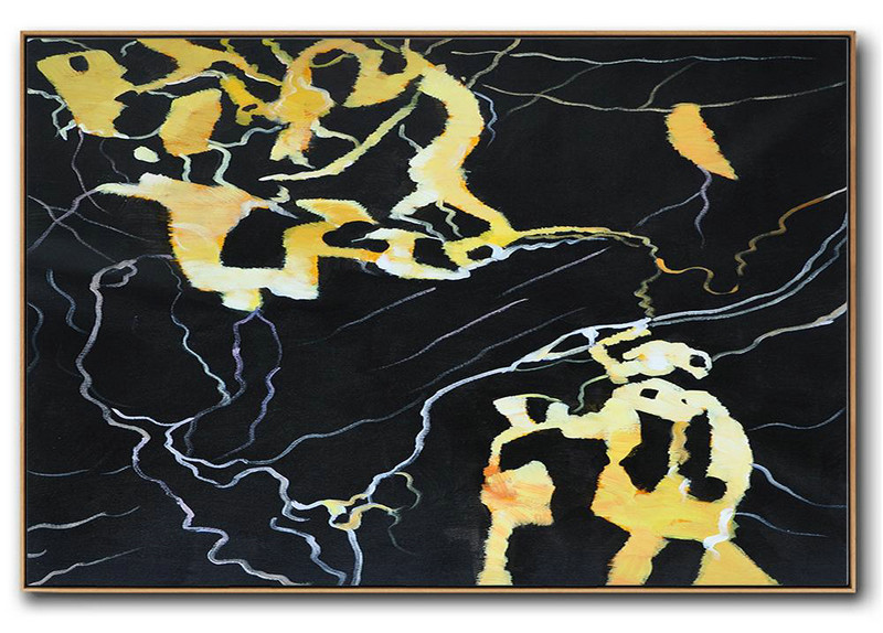 Large Contemporary Art Acrylic Painting,Hand Painted Oversized Horizontal Abstract Marble Art On Canvas,Big Art Canvas,Earthy Yellow ,Black,White.etc